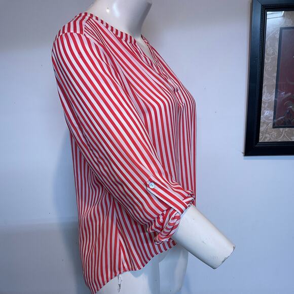 Chicos Blouse Womens Size 2 Large Tie Front Roll Tab Vee Neck Coral White Stripe - Picture 12 of 16